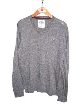 Hollister Men's Heather Gray V-Neck Sweater with Red Logo